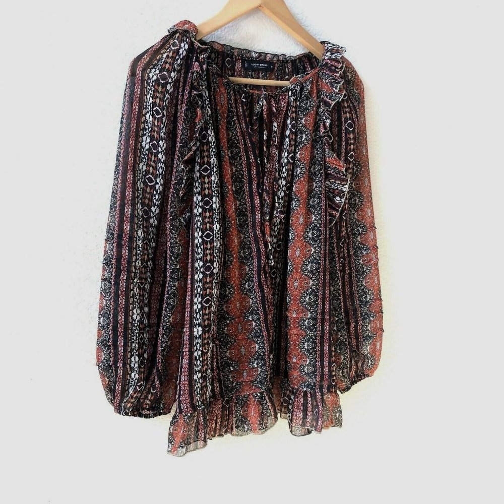 Lucky Brand Lucky Brand Chiffon Printed Peasant Top Size Small - Picture 2 of 8